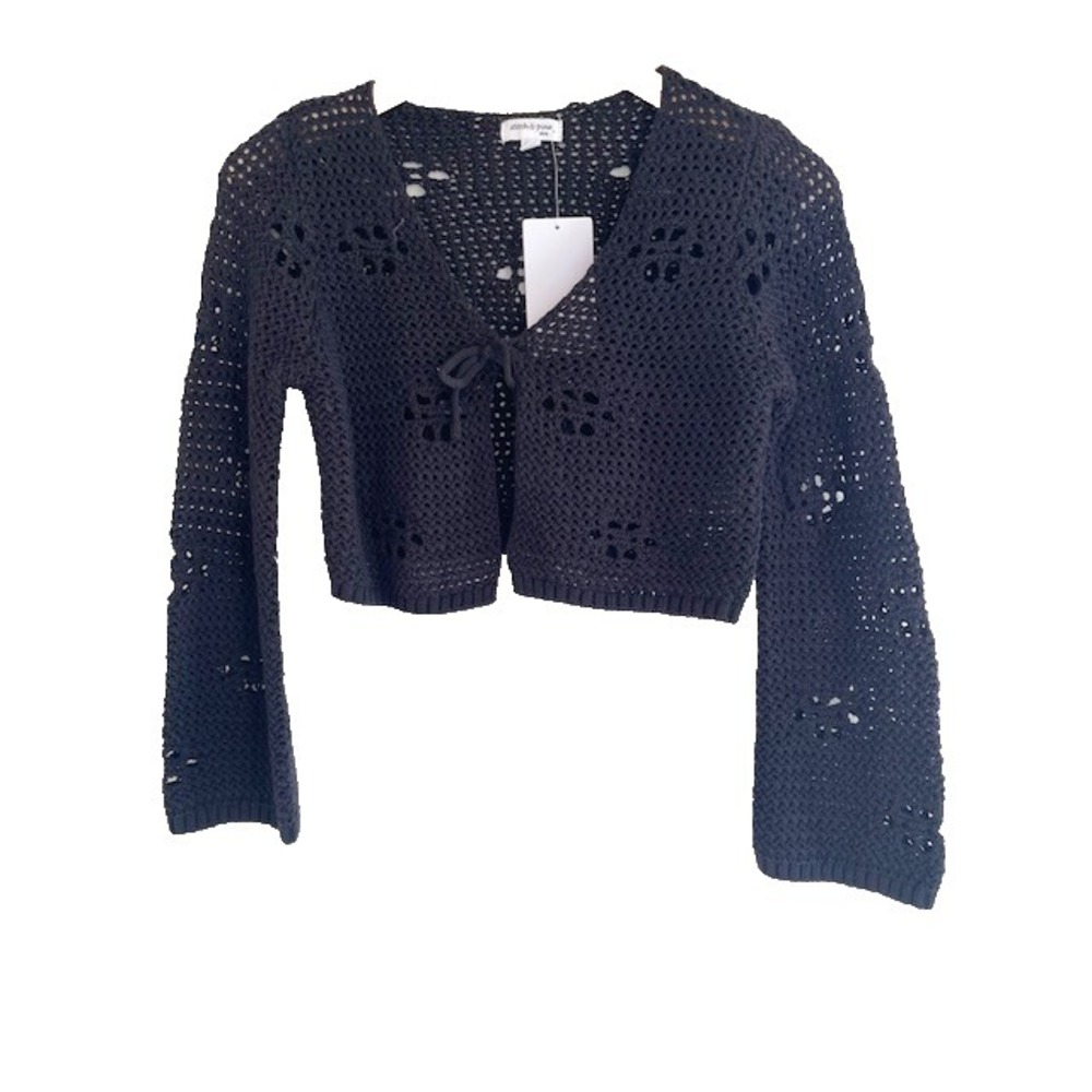 Stitch & Pine‎ Black Tie Front Knit Crochet Blouse Size L (14)